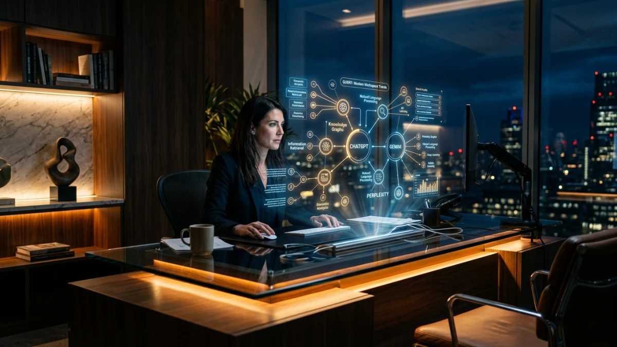 Interface representando conteúdo empresarial estruturado para mecanismos de busca e resposta