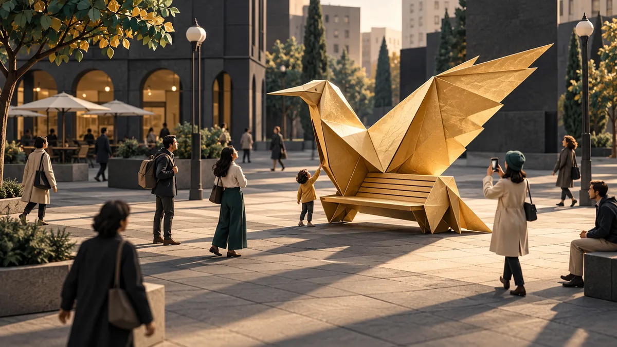Banco integrado a uma escultura de pássaro de papel em uma praça, observado por pedestres.