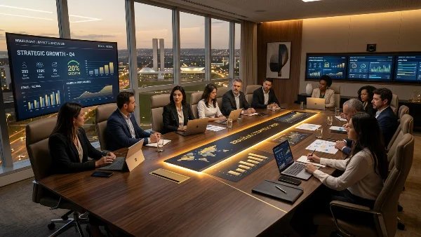 Equipe de marketing reunida para definir prioridades, responsabilidades e indicadores de uma operação integrada