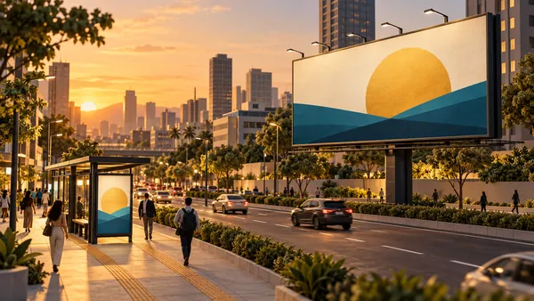 Painel de mídia exterior e abrigo de ônibus exibem a mesma composição gráfica em uma avenida.