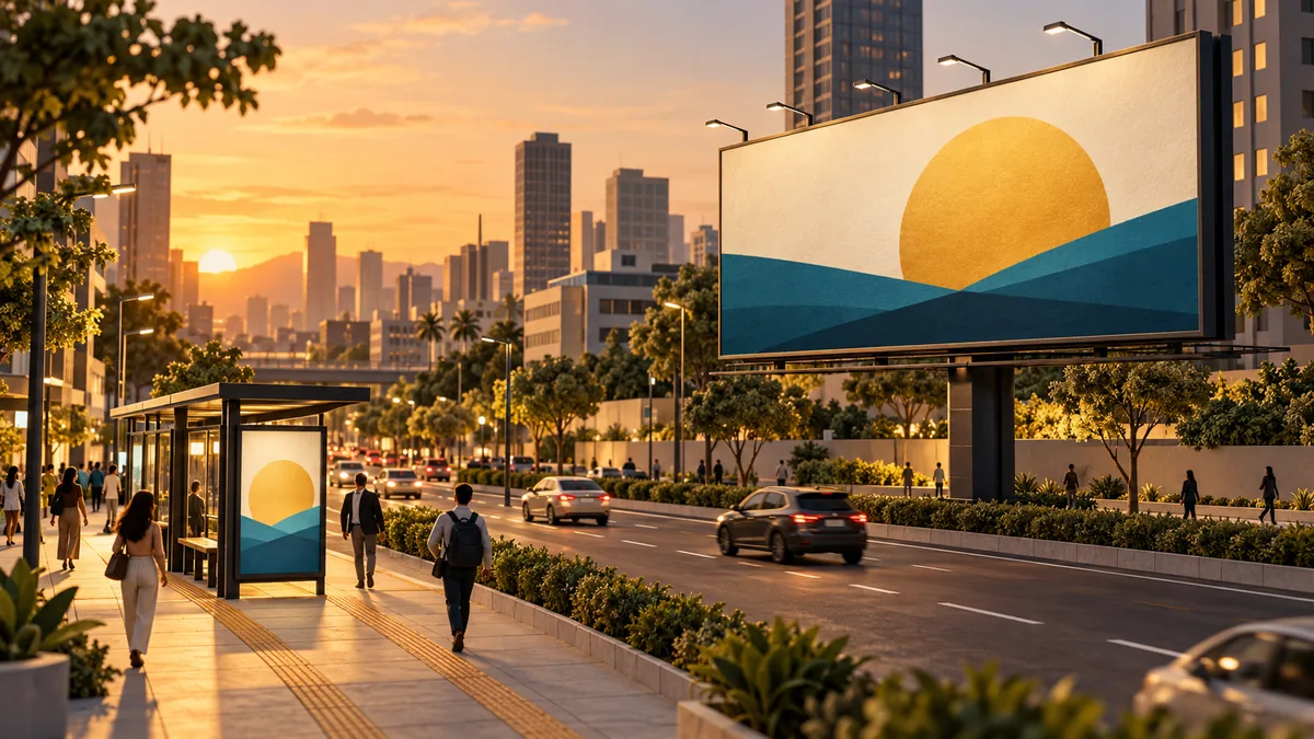 Painel de mídia exterior e abrigo de ônibus exibem a mesma composição gráfica em uma avenida.
